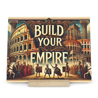 Colorful illustration on a poster featuring Roman arches, columns, and soldiers with the title 'BUILD YOUR EMPIRE'.