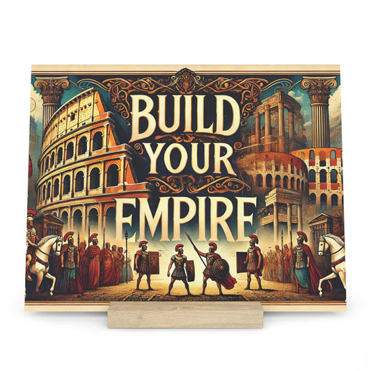 Colorful illustration on a poster featuring Roman arches, columns, and soldiers with the title 'BUILD YOUR EMPIRE'.