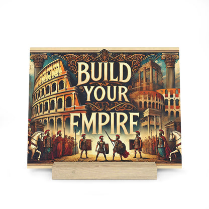 Colorful vintage-style poster featuring Roman ruins and soldiers with the large text 'BUILD YOUR EMPIRE'.
