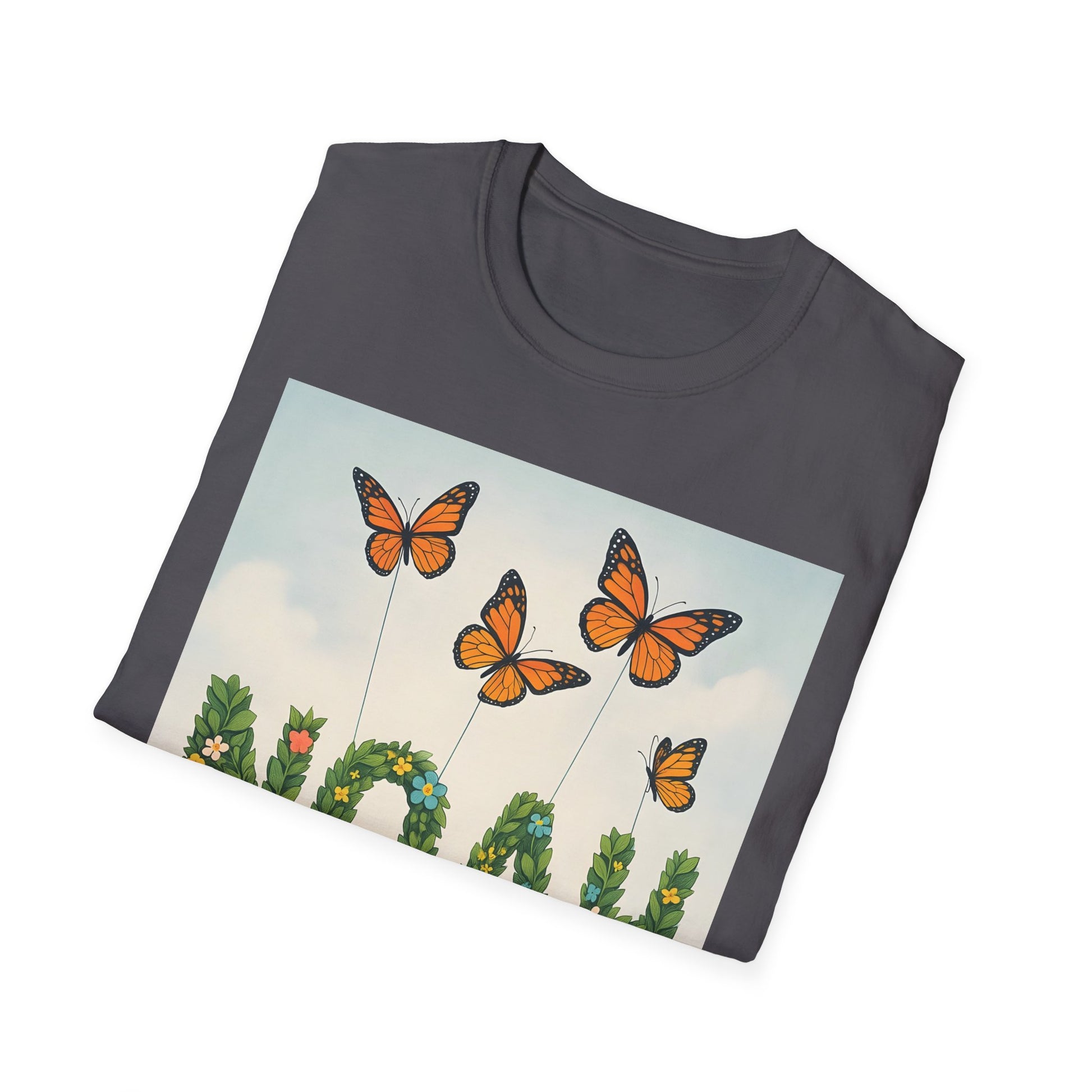 Grey crew-neck T-shirt with a rectangular graphic of orange monarch butterflies on tall stems above green foliage.