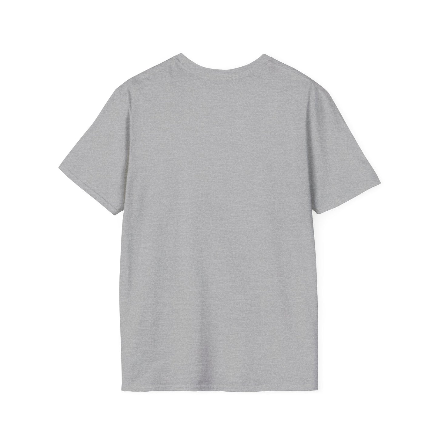 Gray heather short-sleeve T-shirt photographed from the back, plain no visible logo.