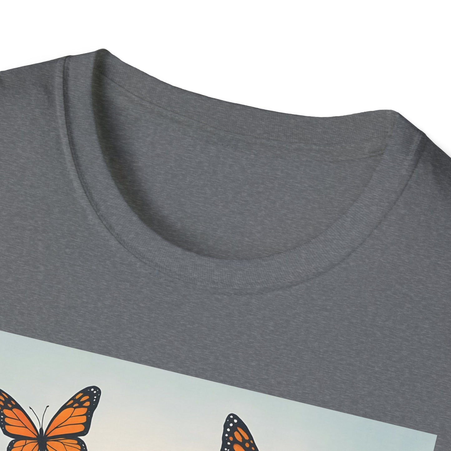 Close-up of a heather gray crew-neck T-shirt with a butterfly print partially visible at the bottom.
