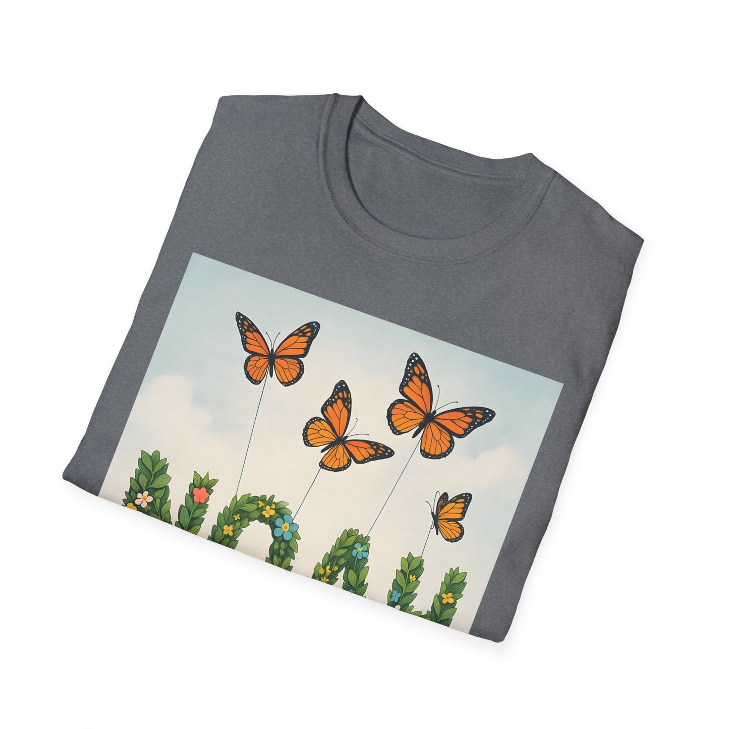 Grey T-shirt with a rectangular graphic of orange monarch butterflies on tall stems above green vines and a pale blue sky.