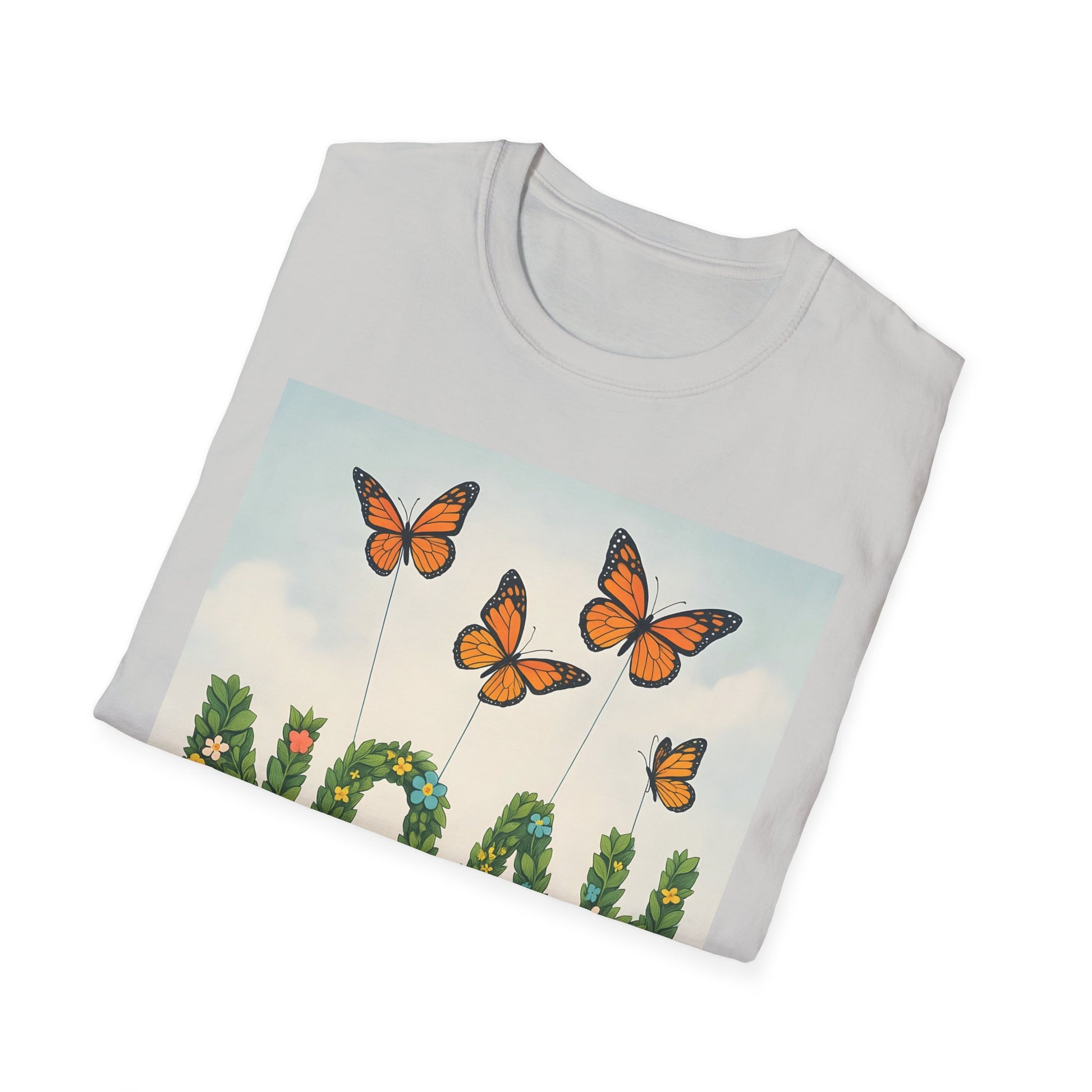 Light gray T-shirt featuring a graphic of orange monarch butterflies on green stems against a pale blue sky.