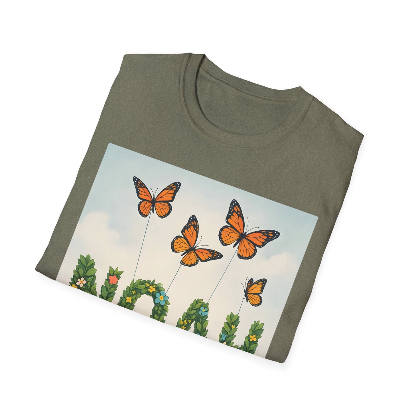Olive green folded t-shirt with a rectangular image of orange monarch butterflies perched on green stems against a pale blue sky.