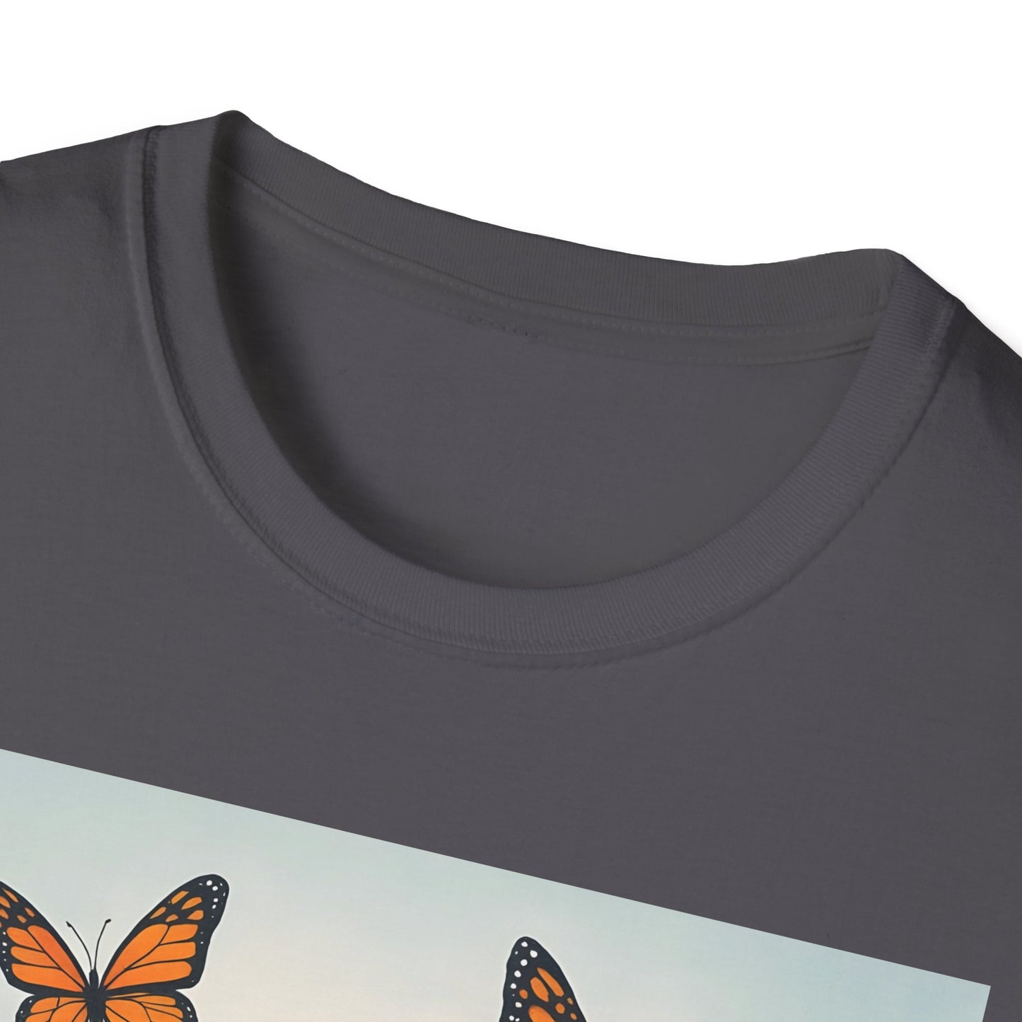 Grey crew-neck T-shirt with a partially visible butterfly graphic near the bottom edge.