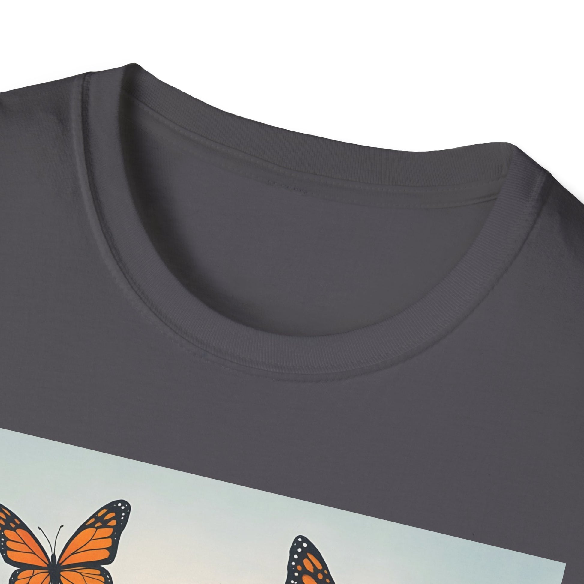 Grey crew-neck T-shirt with a partially visible butterfly graphic near the bottom edge.