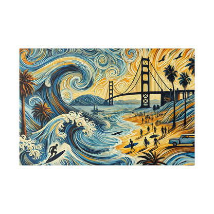 Colorful painting of a beach scene with swirling blue waves, the Golden Gate Bridge, palm trees, and surfers.