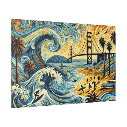 Colorful mural of a coastal scene with swirling blue waves, surfers, palm trees, and the Golden Gate Bridge at sunset.
