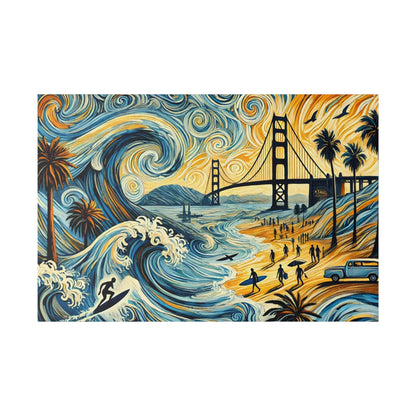 Colorful painting of a coastal scene with swirling blue and gold waves, a bridge, surfers, palm trees, and a yellow shoreline.