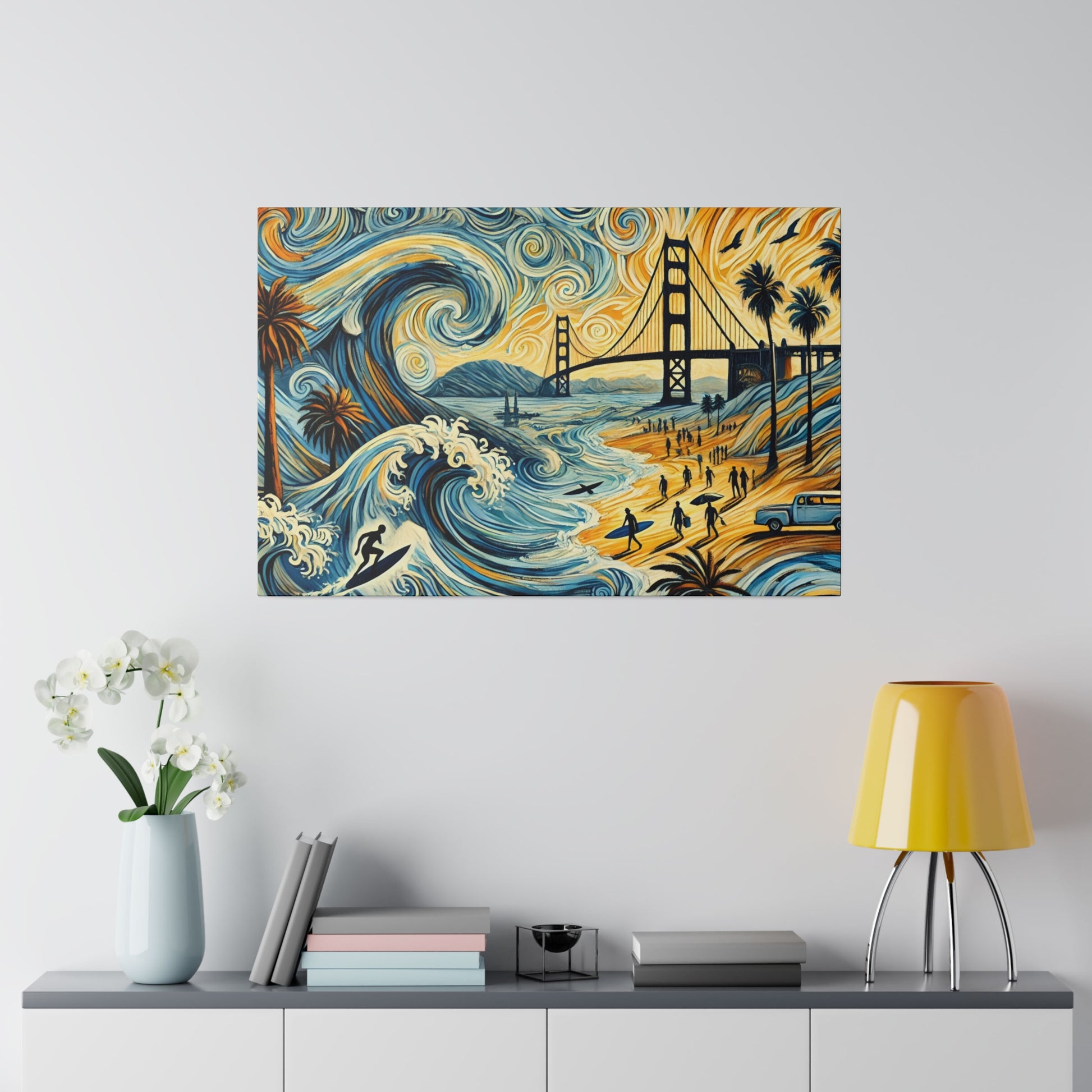 Vibrant painting of a coastal scene with swirling blue waves, palm trees, a sandy beach, and the Golden Gate Bridge.