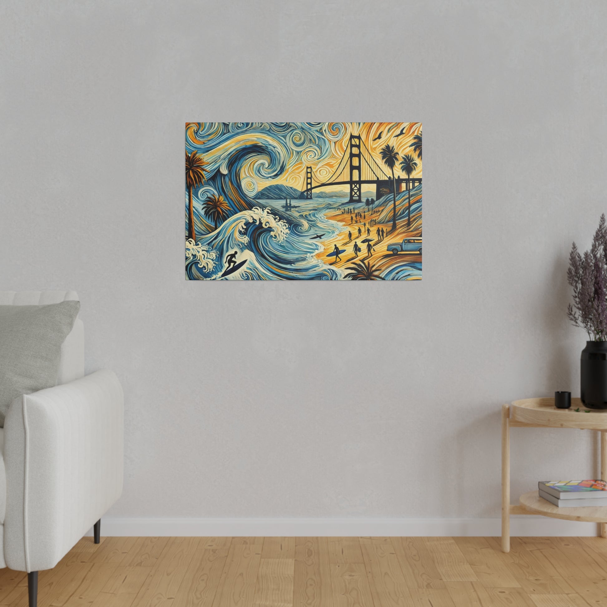 Colorful canvas depicting a coastal surfing scene with large blue waves, palm trees, a bridge, and a yellow sandy beach.