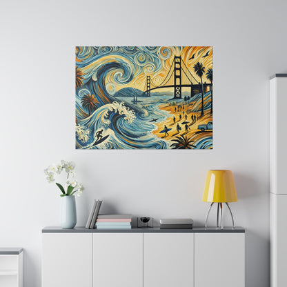Colorful wall art depicting a stylized blue and gold ocean scene with the Golden Gate Bridge, palm trees, and surfers.