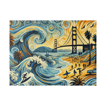 Colorful abstract painting of a beach scene with waves, surfers, a yellow-orange shoreline, palm trees, and the Golden Gate Bridge.