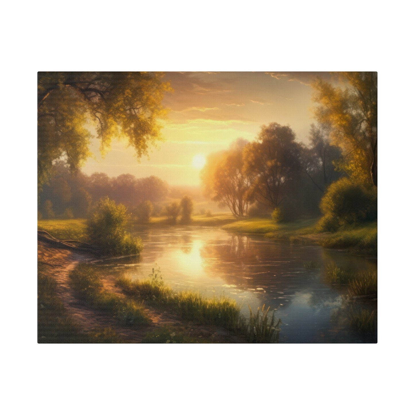 A calming sunset river scene featuring golden reflections on the water and lush trees. The peaceful and tranquil atmosphere provides a perfect setting for relaxation and enjoying the natural surroundings.