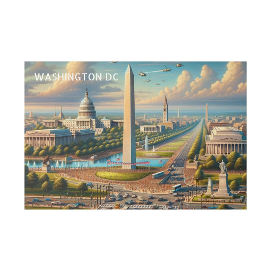 Washington DC skyline canvas art depicting the Washington Monument, Capitol, and surrounding government buildings.
