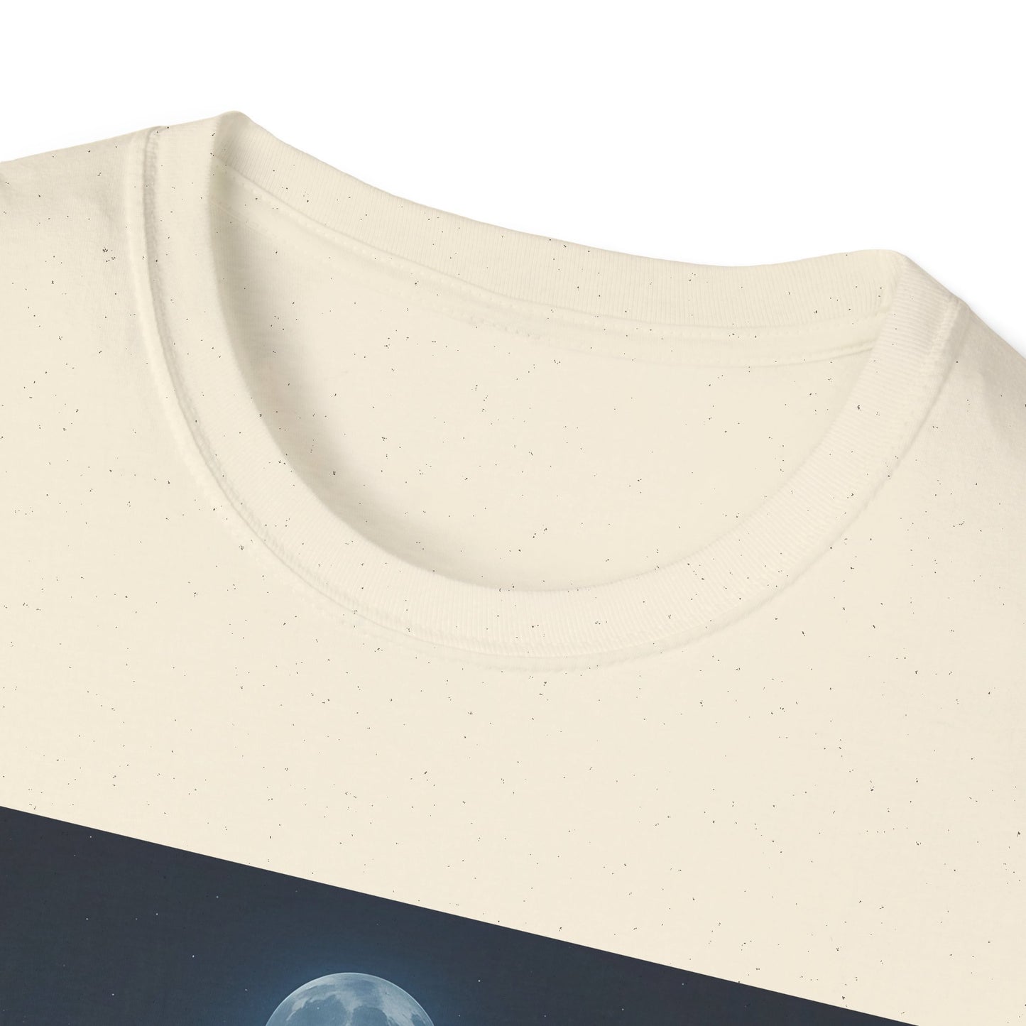 Ivory speckled crew-neck T-shirt with a dark blue diagonal band and a partial moon graphic.