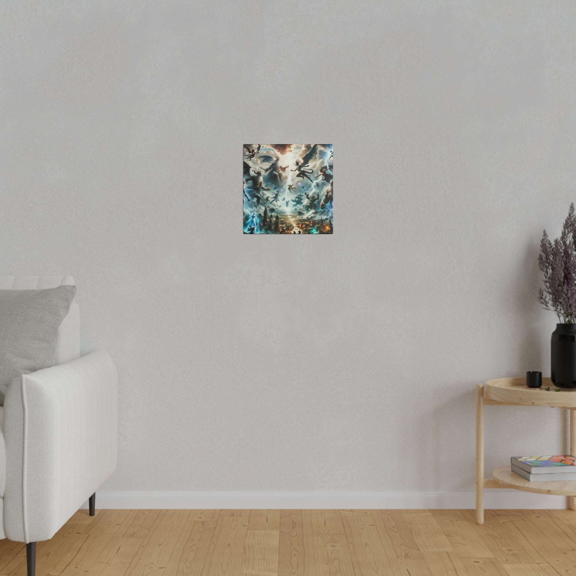 Small square canvas painting of a blue-toned battle scene hung on a light gray wall above a wooden floor.