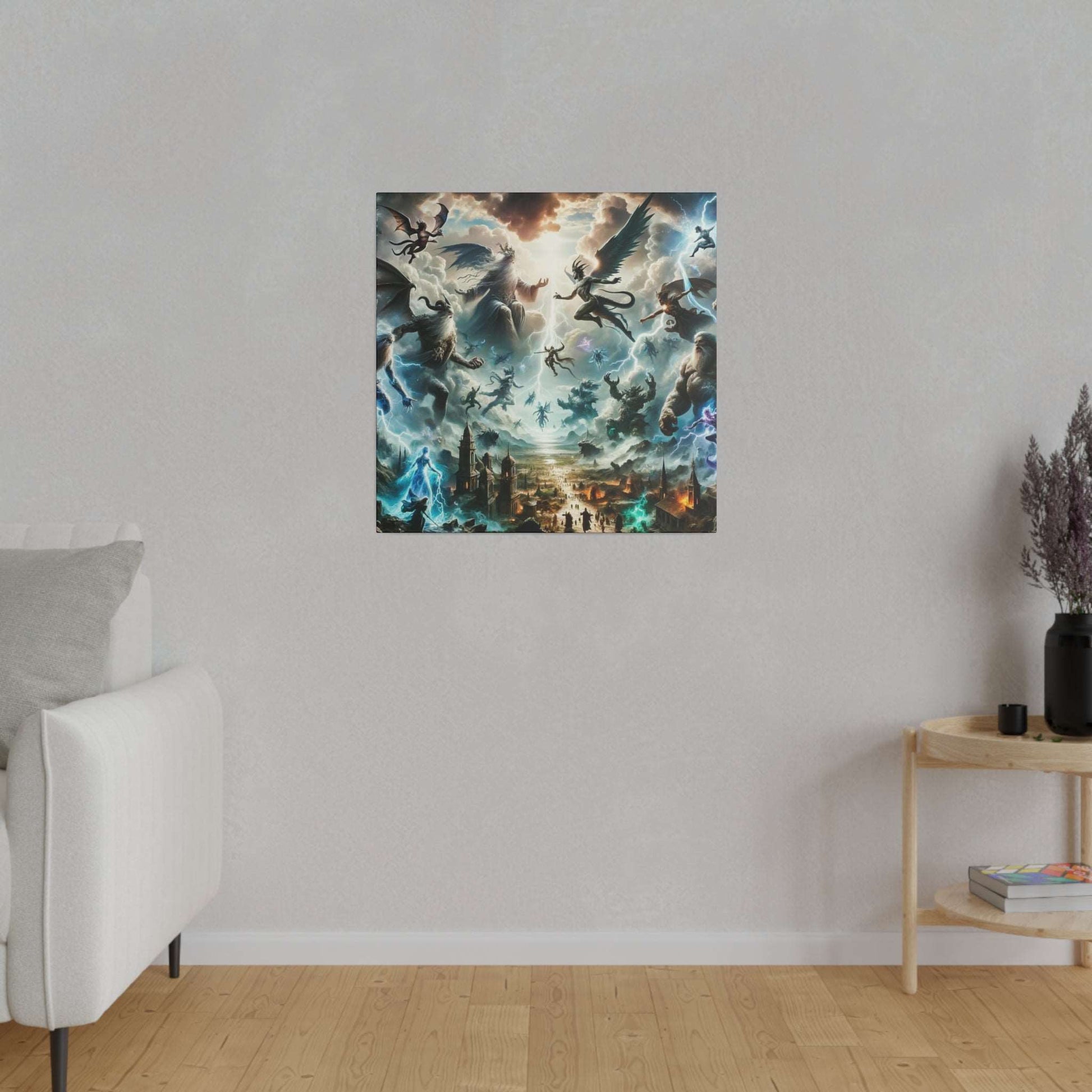 Square canvas print depicting a mythological battle with winged gods amid stormy skies over a fiery, ruined city.