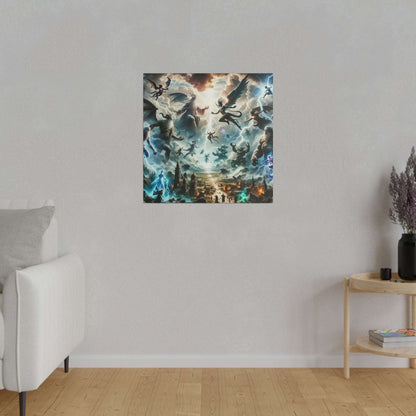 Square canvas print depicting a mythological battle with winged gods amid stormy skies over a fiery, ruined city.