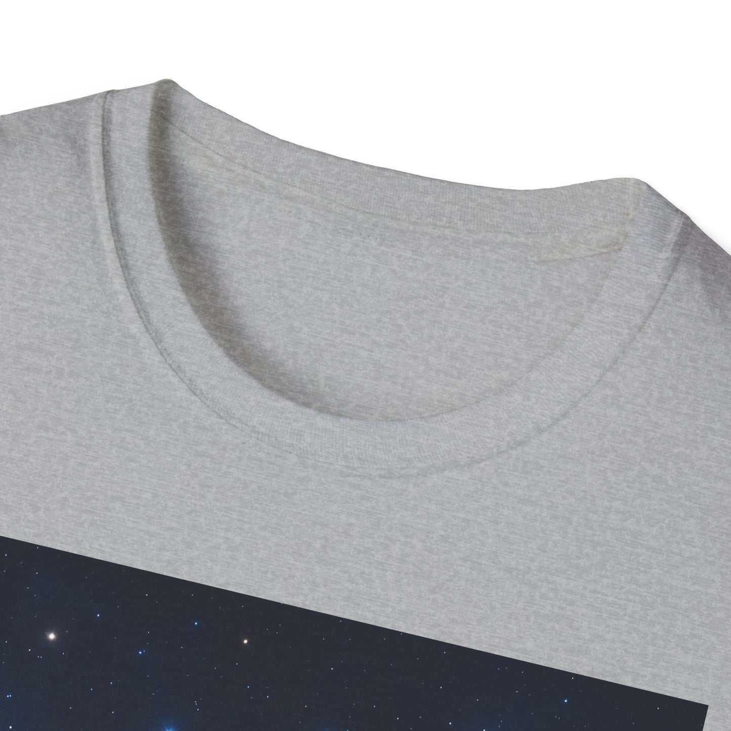 Close-up of a light grey heather crew-neck T-shirt with a dark space galaxy print at the bottom edge.