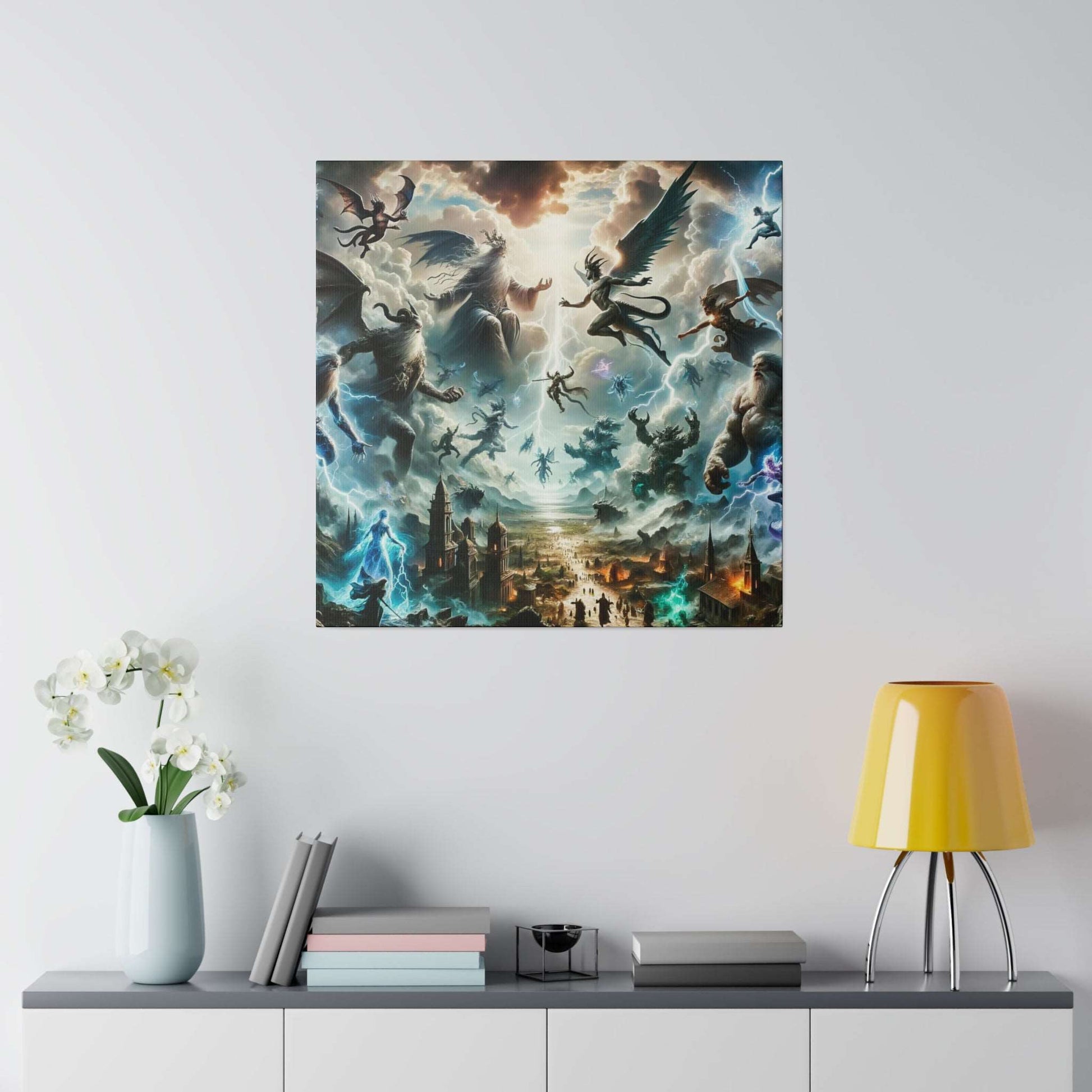 Square canvas art depicting a mythological battle with winged figures, lightning, and a city skyline below.