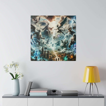 Square canvas art depicting a mythological battle with winged figures, lightning, and a city skyline below.