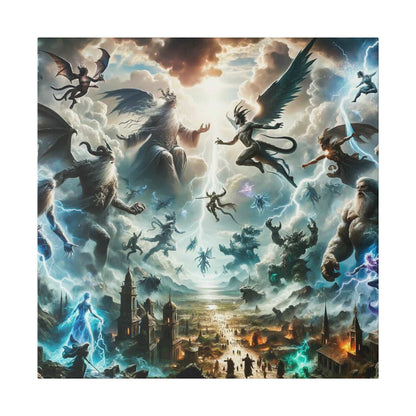Epic mythological canvas art depicting winged gods and demons battling above a fantasy city with lightning and clouds.