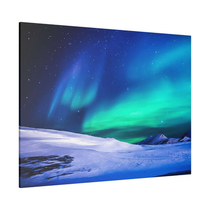Northern lights glow green and blue above a snow-covered landscape under a starry night.