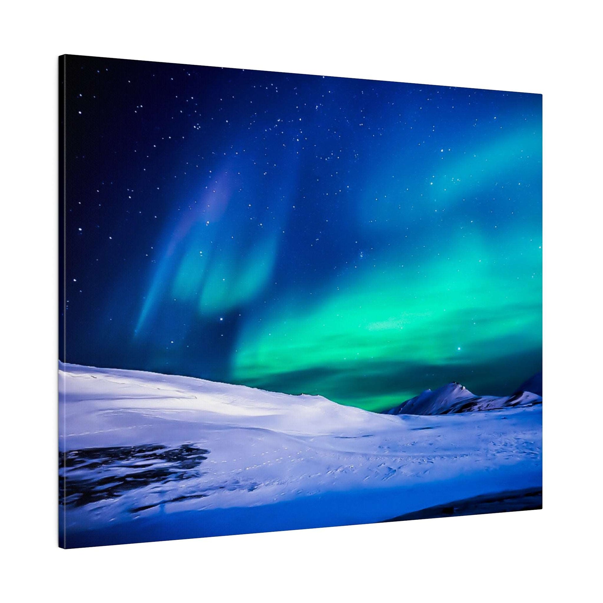 Canvas painting of a night sky with green and blue northern lights over a snow-covered landscape.