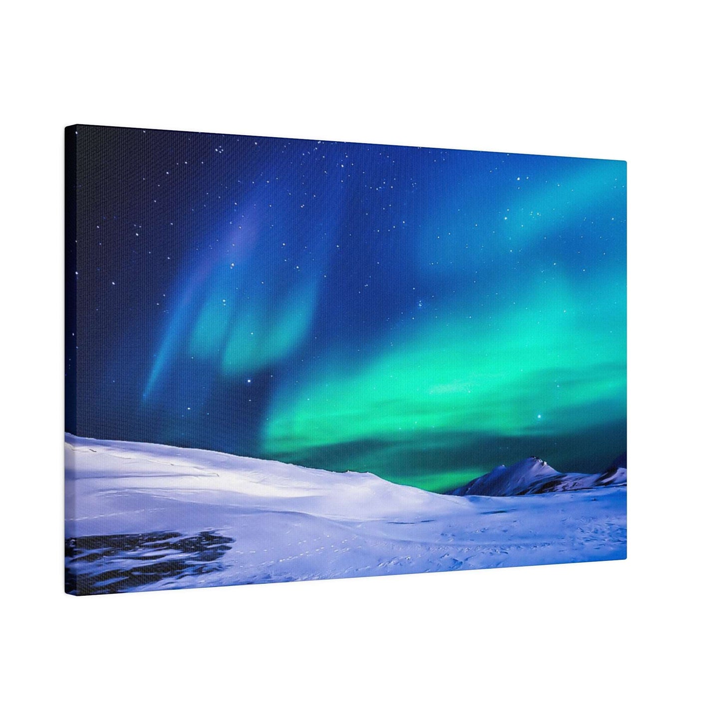 Canvas art print depicting the Northern Lights (aurora borealis) in blue and green over a snow-covered landscape at night.