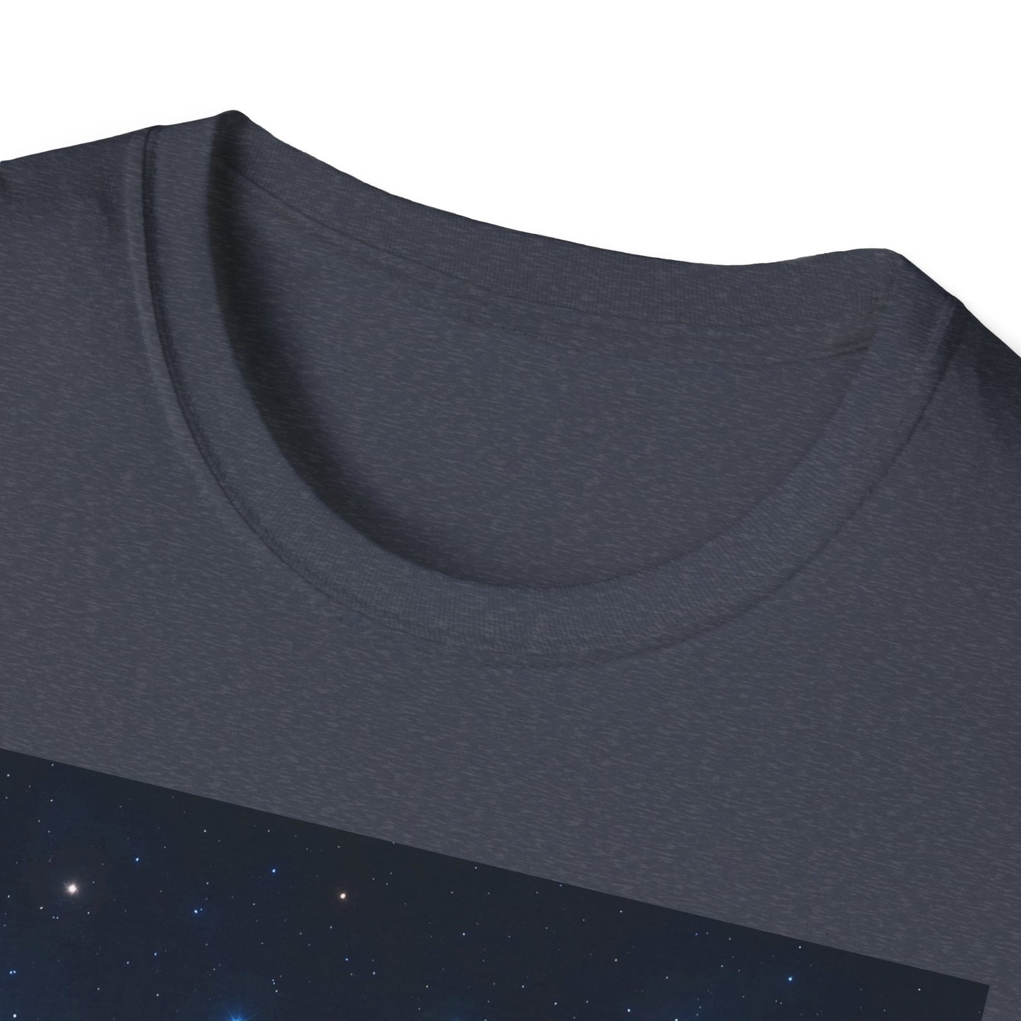 Dark heather gray crew-neck T-shirt with a space-themed starry print along the bottom edge.