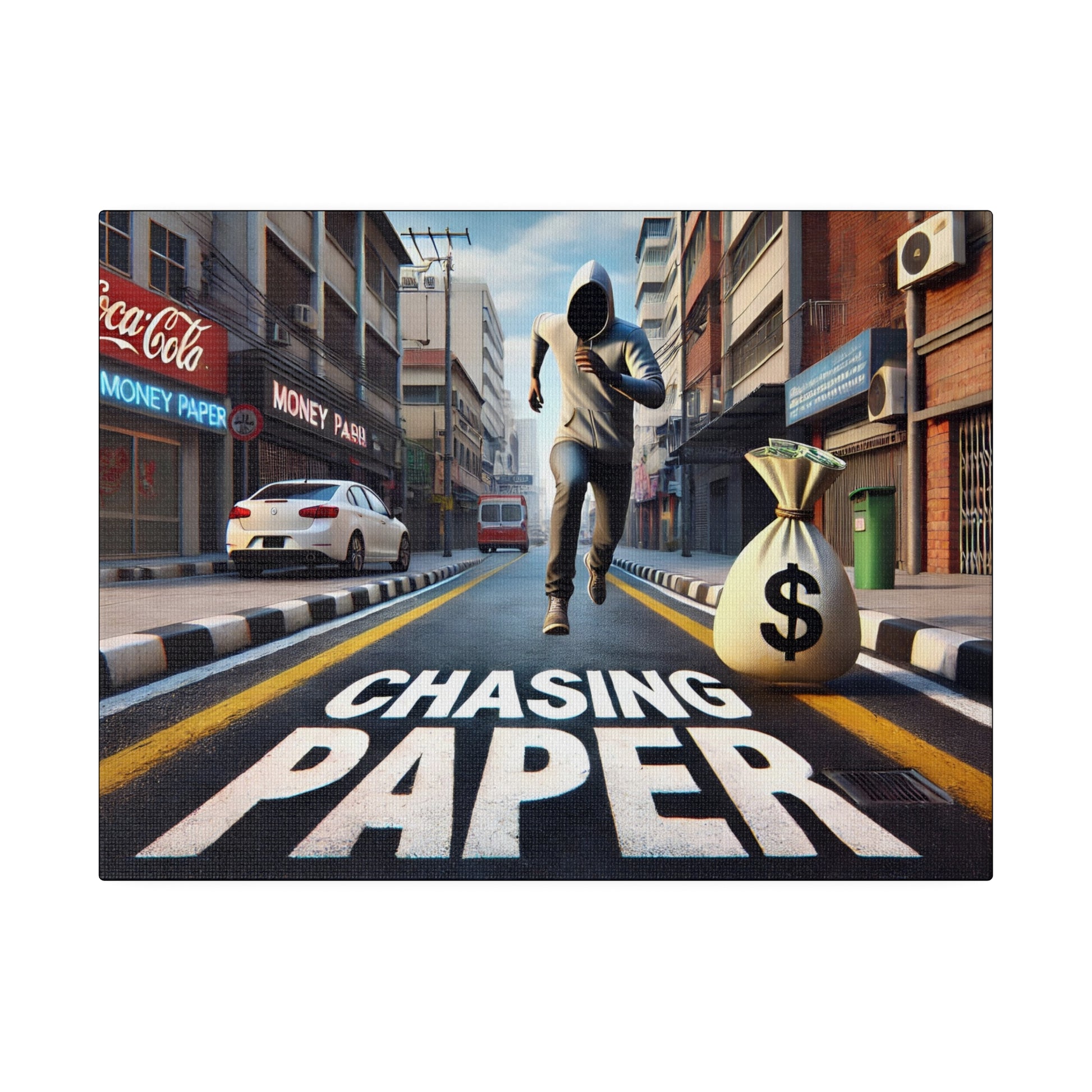 Hooded figure runs down a city street toward the viewer, a large money bag in the road beside bold "CHASING PAPER" lettering on the