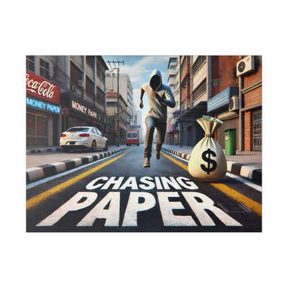 A hooded man runs down a city street past a large money bag and the words CHASING PAPER painted on the road.
