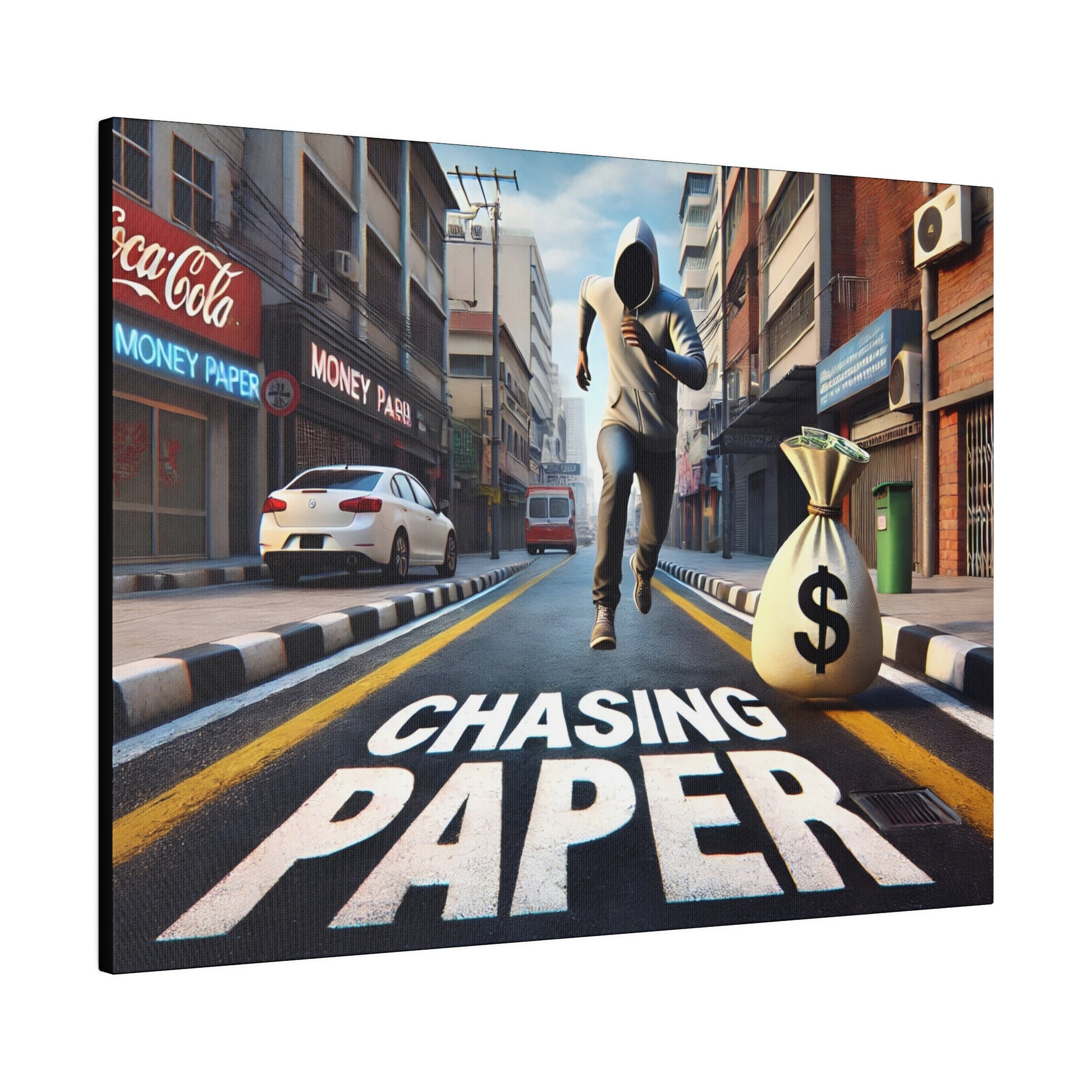 A man in a hoodie runs down a city street toward a large money bag on the road, with the words “CHASING PAPER” painted on the pavement.