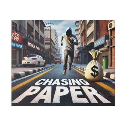A man in a gray hoodie runs down a city street beside a large money bag and the words CHASING PAPER on the road.