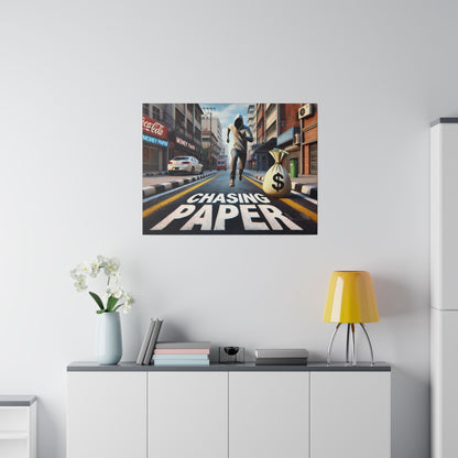 Poster on a white wall showing a street scene with a runner and a money bag, text "Chasing Paper".