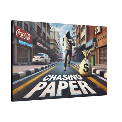 A man in a gray hoodie runs down a city street, chasing a money bag as “CHASING PAPER” is painted on the road.