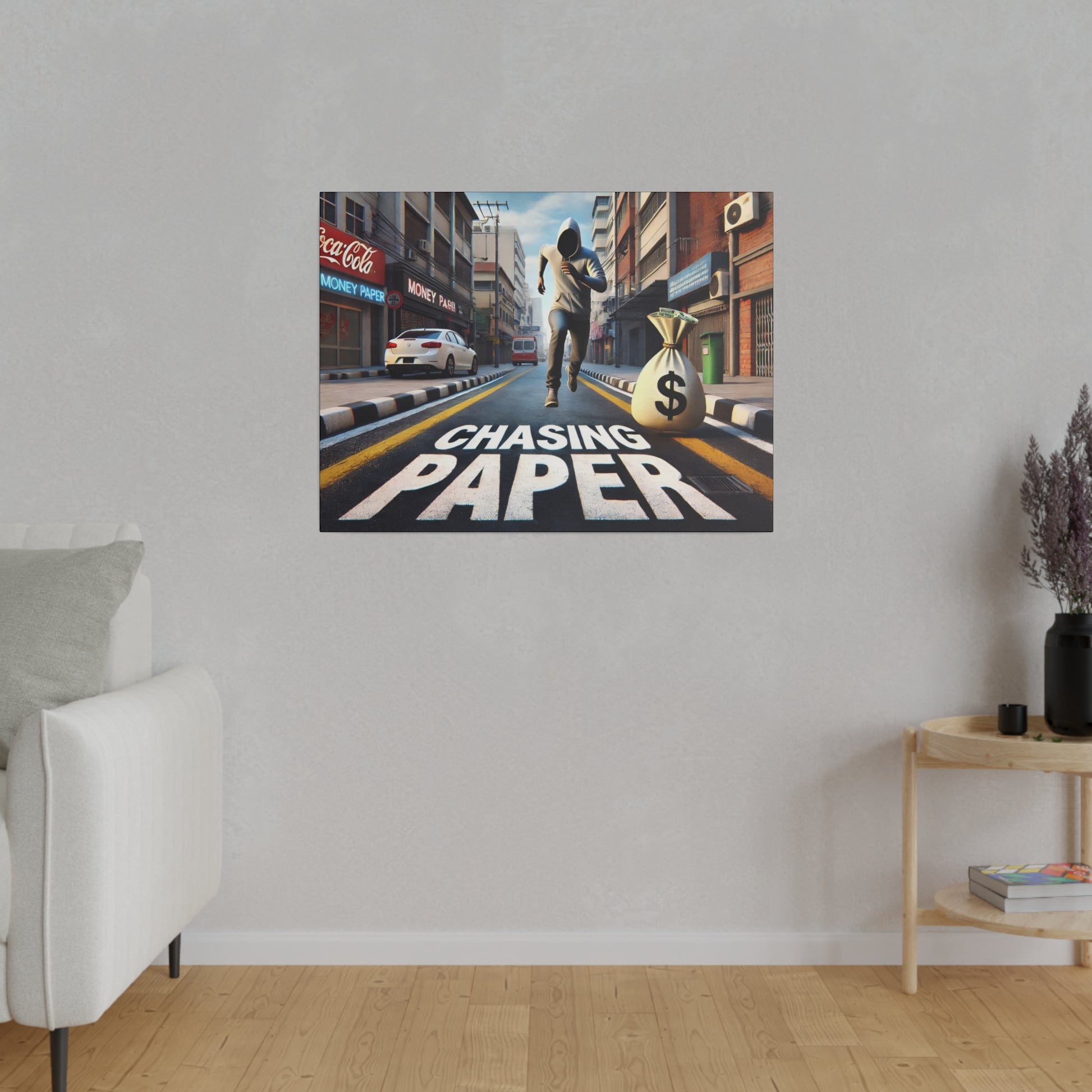 Poster on a gray wall showing a man running toward a money bag on