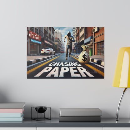 Colorful street scene mural showing a masked man running toward a bag of money on a city road with "Chasing Paper" text.