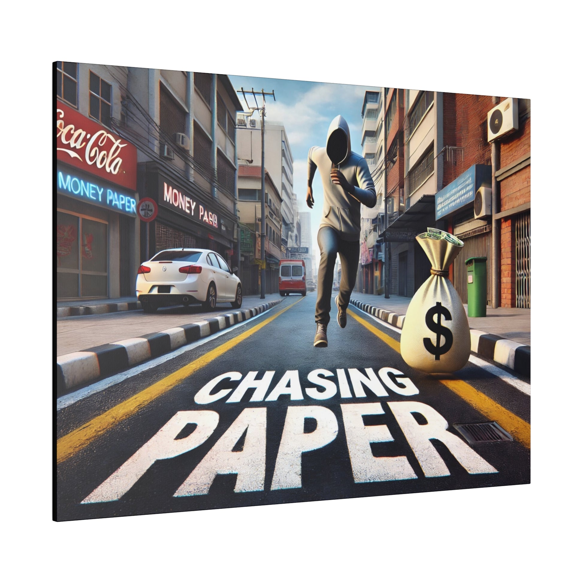 Masked man running down a city street toward a large money bag, with 'CHASING PAPER' painted on the road.