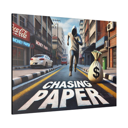 Masked man running down a city street toward a large money bag, with 'CHASING PAPER' painted on the road.
