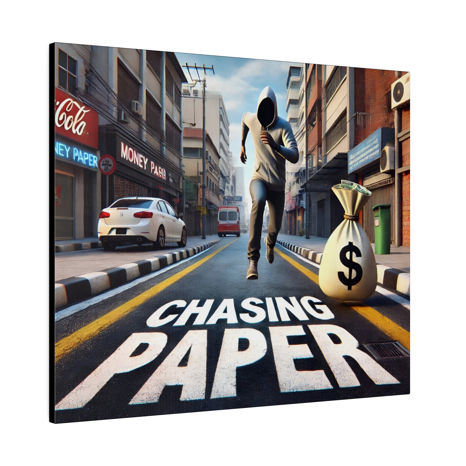 Hooded figure in a gray hoodie runs down a city street beside a large money bag, with 'CHASING PAPER' painted on the road.