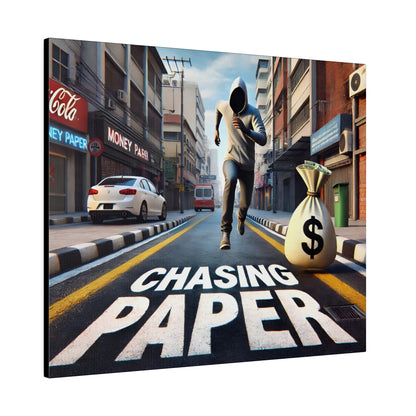 Hooded figure in a gray hoodie runs down a city street beside a large money bag, with 'CHASING PAPER' painted on the road.