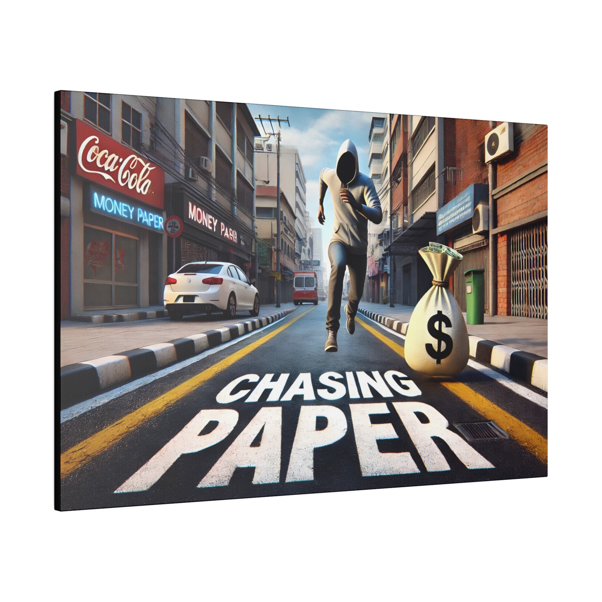 Urban street scene with a masked man running on a road labeled "Chasing Paper," a money bag on the sidewalk.