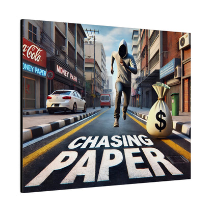 A hooded figure runs down a city street beside a white car, with a large money bag on the road and "CHASING PAPER" painted on the asphalt.