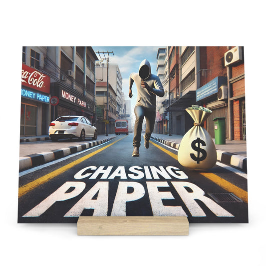 Poster shows a hooded figure running down a city street beside a large money bag, with the words “CHASING PAPER” painted on the road.
