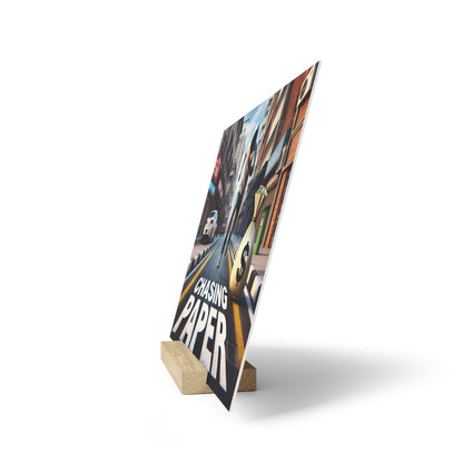 Poster print on a wooden stand displaying a city street scene with the text “CHASING PAPER.”