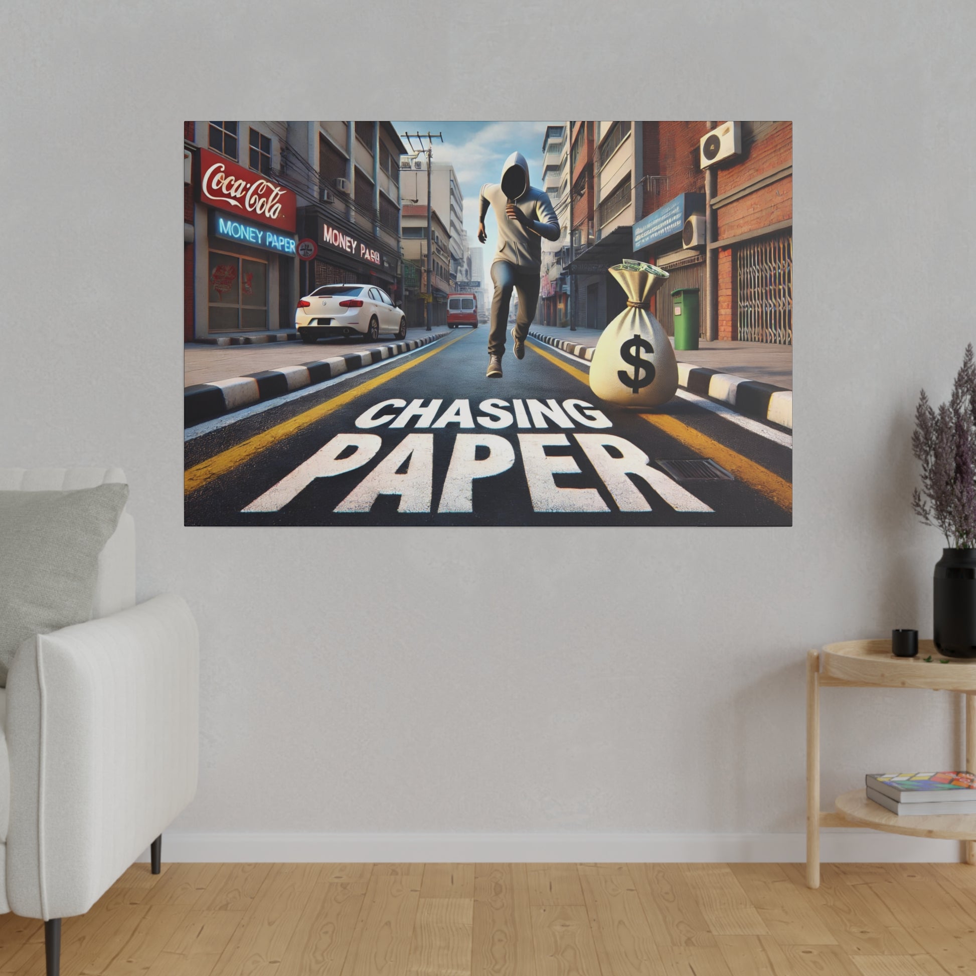 Poster showing a man running on a city street toward a large money bag, with "CHASING PAPER" painted on the road.