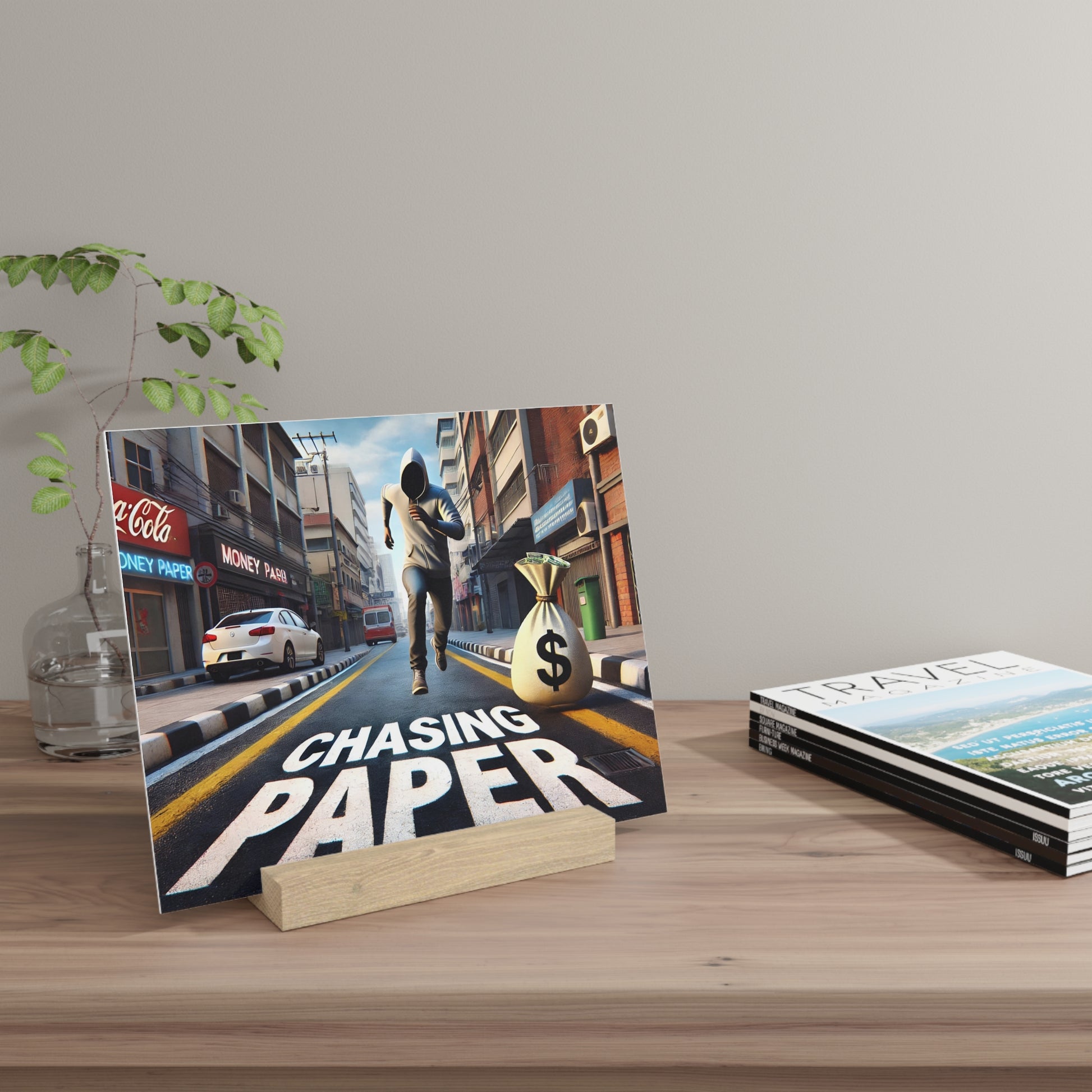 Poster on a wooden stand shows a man running down a city street with a money bag, bold "CHASING PAPER" text across the road.